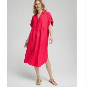 Chicos Linen Midi Shirt Dress With Pockets Size 16 Red Orange New With Tags